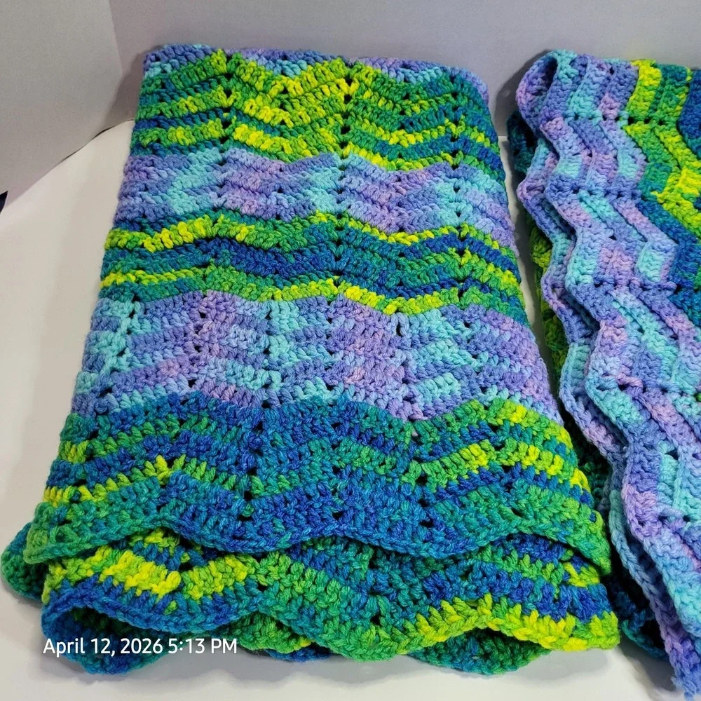 Vintage Crochet Ripple Afghan Blanket 70s Chevron Zig Zag Pastel Colors 30x33(2)